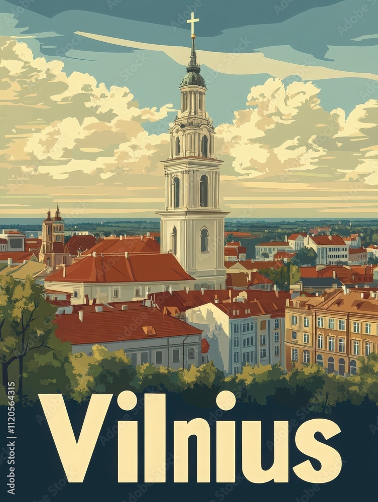 Beautiful twilight casts a warm glow over the rooftops of Vilnius, highlighting the historic tower. The intricate architecture showcases the citys rich cultural heritage against a vibrant sky.