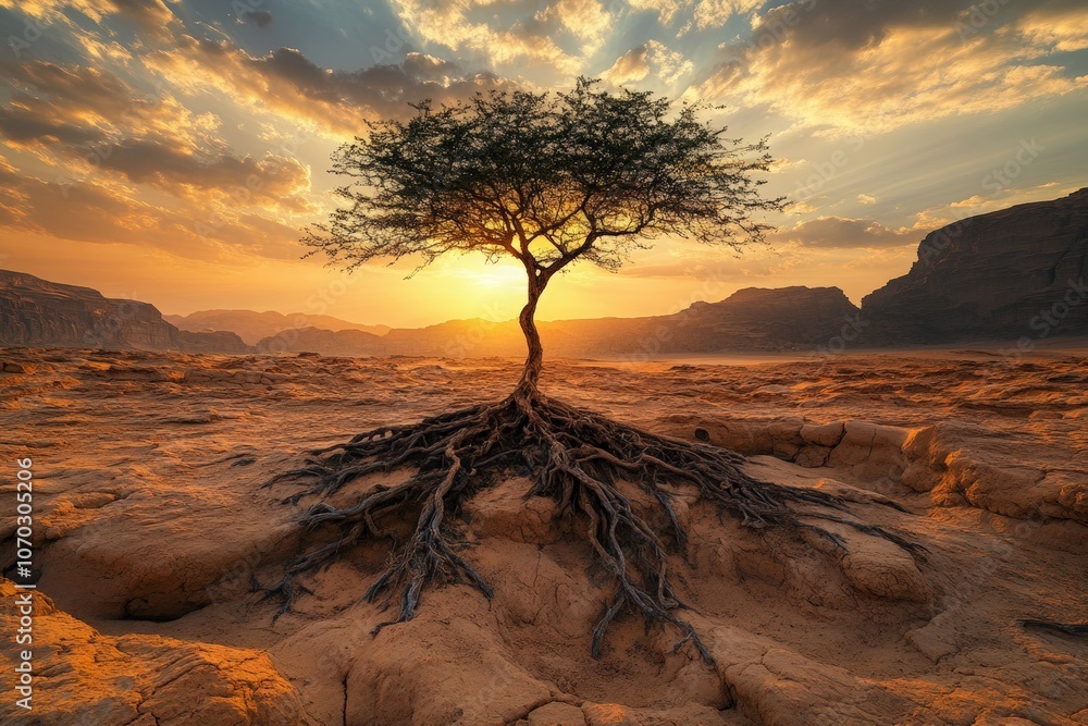 Beneath a vibrant sunset, a solitary tree thrives in an arid desert landscape, its roots exposed as it stands against dramatic mountains, embodying natures tenacity in adversity.