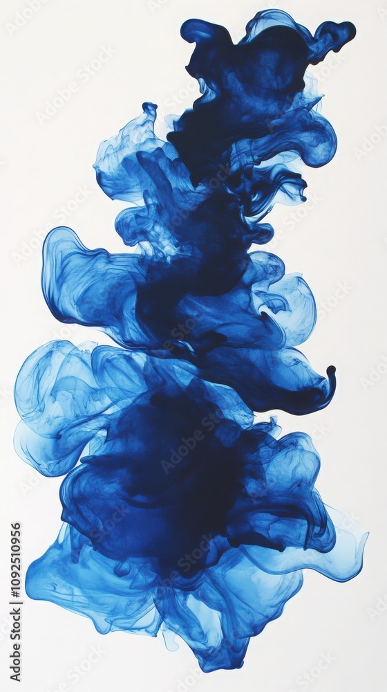 Blue ink gracefully swirls and flows against a white background, forming unique abstract shapes. The fluid motion captures a sense of creativity and artistic expression in a minimalist style.