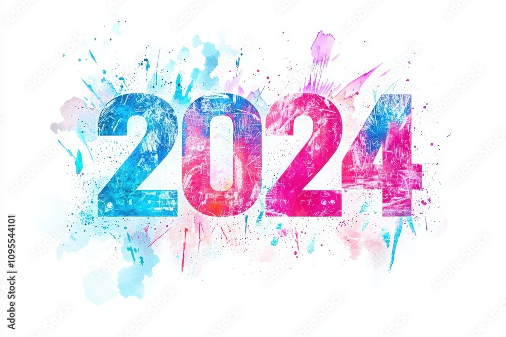 Bold numbers representing 2024 are layered with a mix of pink and blue hues, surrounded by colorful splashes, symbolizing excitement and renewal for the upcoming year.