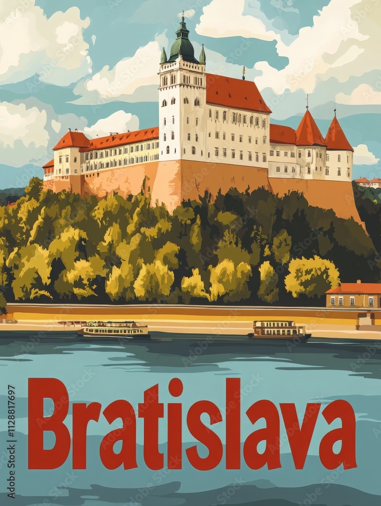 Bratislava Castle stands majestically on a hill, surrounded by lush greenery and overlooking a tranquil river. The historic structure showcases intricate designs, embodying the citys rich heritage.