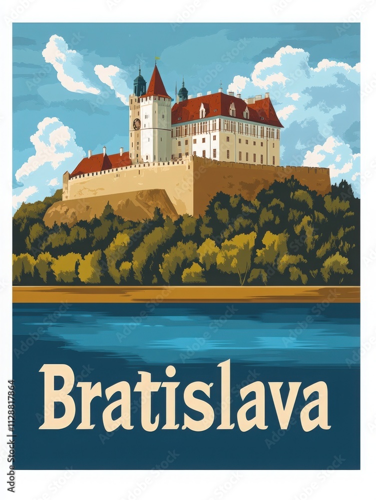 Bratislava castle overlooks the Danube river, showcasing its impressive architecture against a backdrop of vibrant greenery.