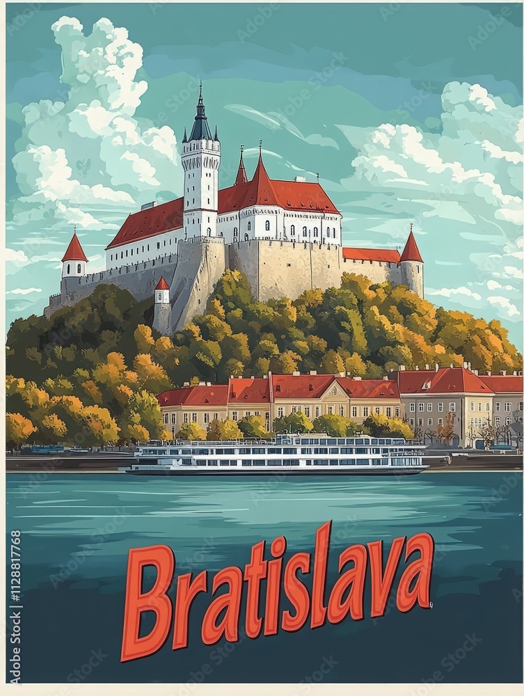 Bratislava castle stands majestically above the Danube River, surrounded by vibrant autumn colors.
