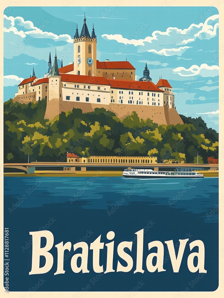 Bratislava castle stands majestically on a hill, overlooking the Danube river, surrounded by lush greenery and colorful skies. A boat glides along the river, adding vibrancy to the landscape.