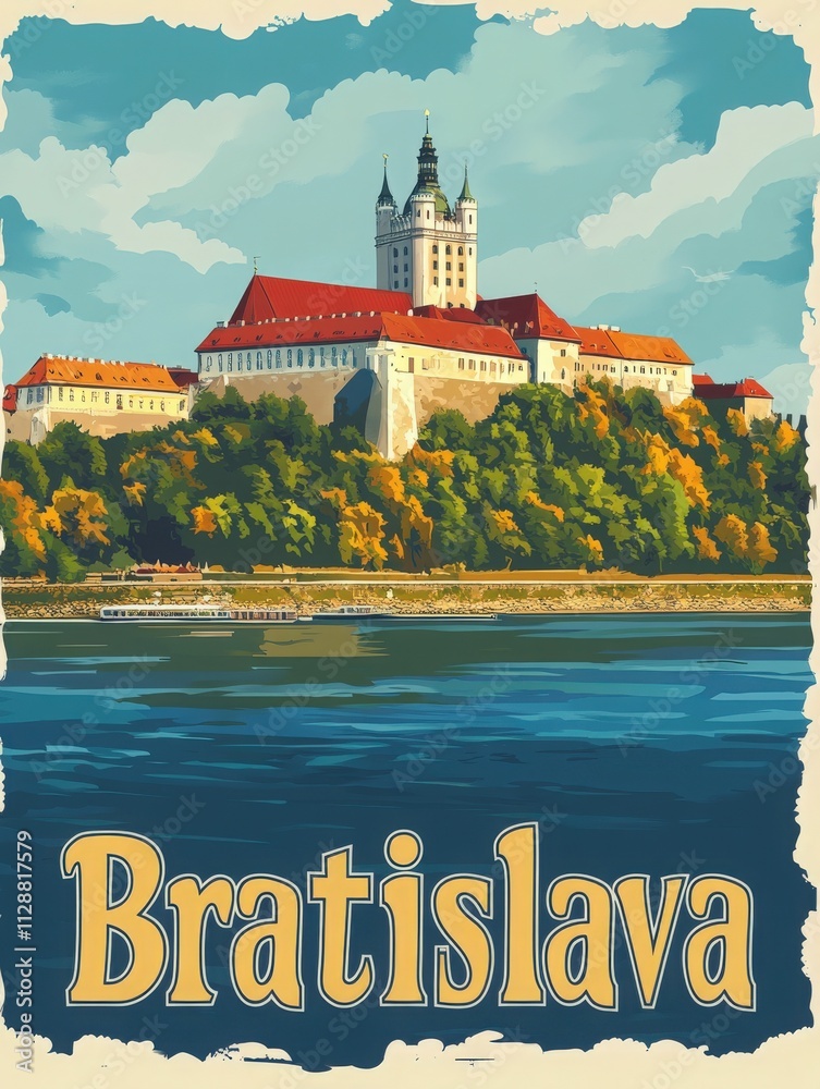 Bratislava castle stands majestically on a hill, surrounded by colorful trees. The Danube River flows gently below, reflecting the castles beauty on a clear, sunny day.