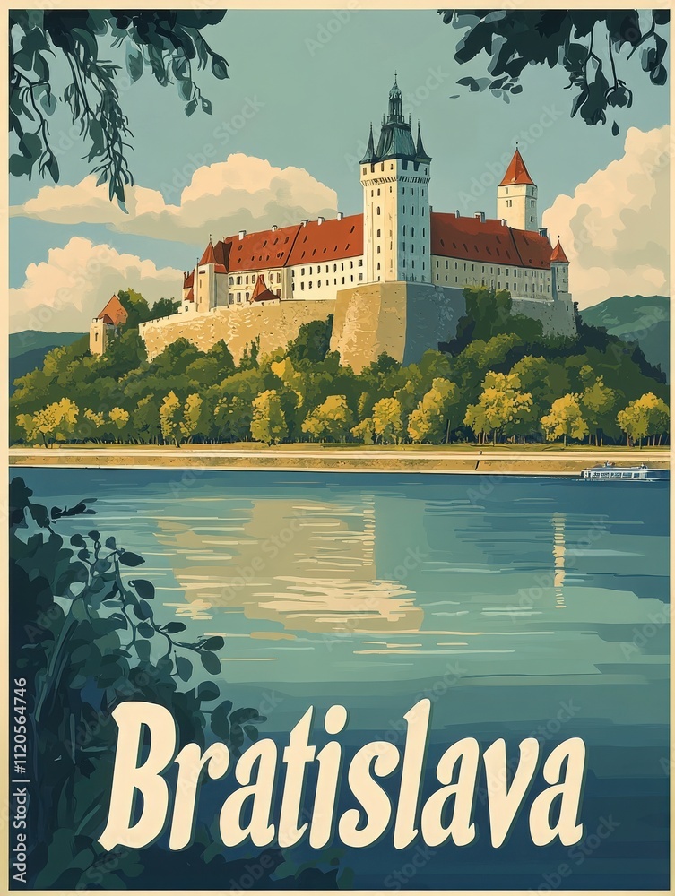 Bratislava castle stands majestically on a hill, surrounded by trees, reflecting in the Danube River. The clear sky enhances the beauty of this historic site in Slovakia.