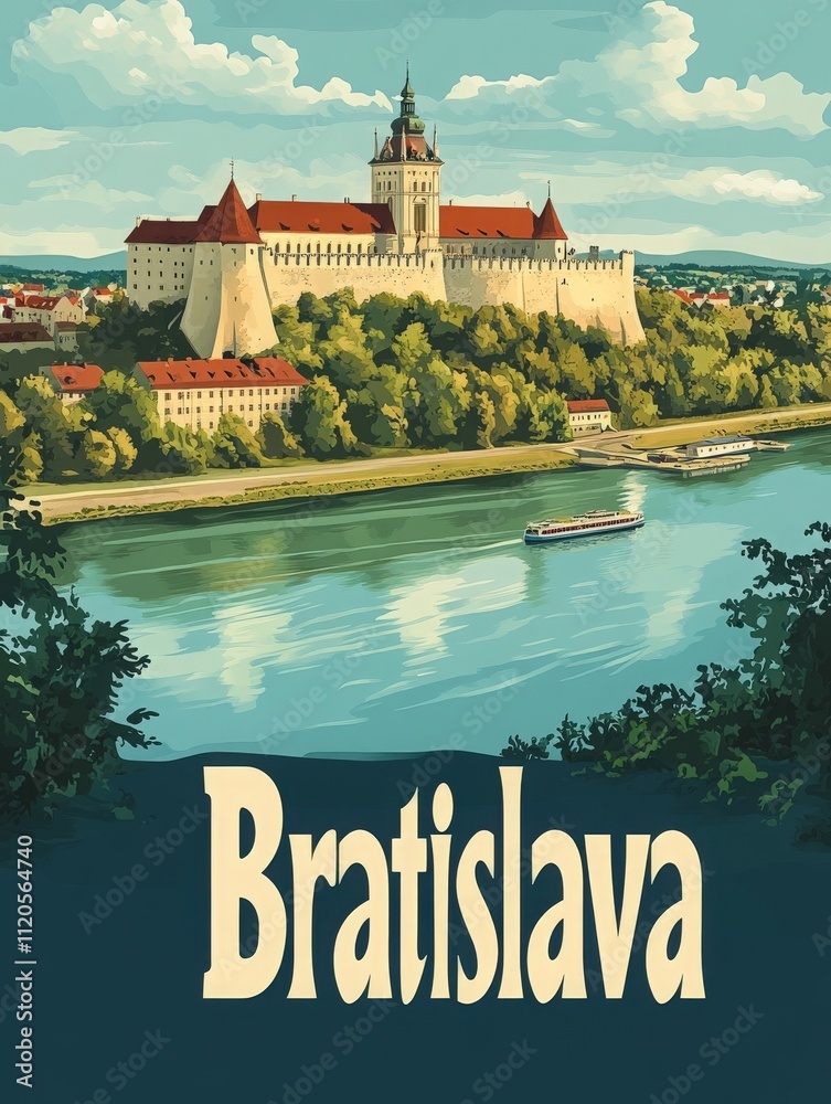 Bratislava castle stands majestically on a hilltop, surrounded by lush greenery, with the river flowing nearby. The skyline features a picturesque view of the city under a clear blue sky.