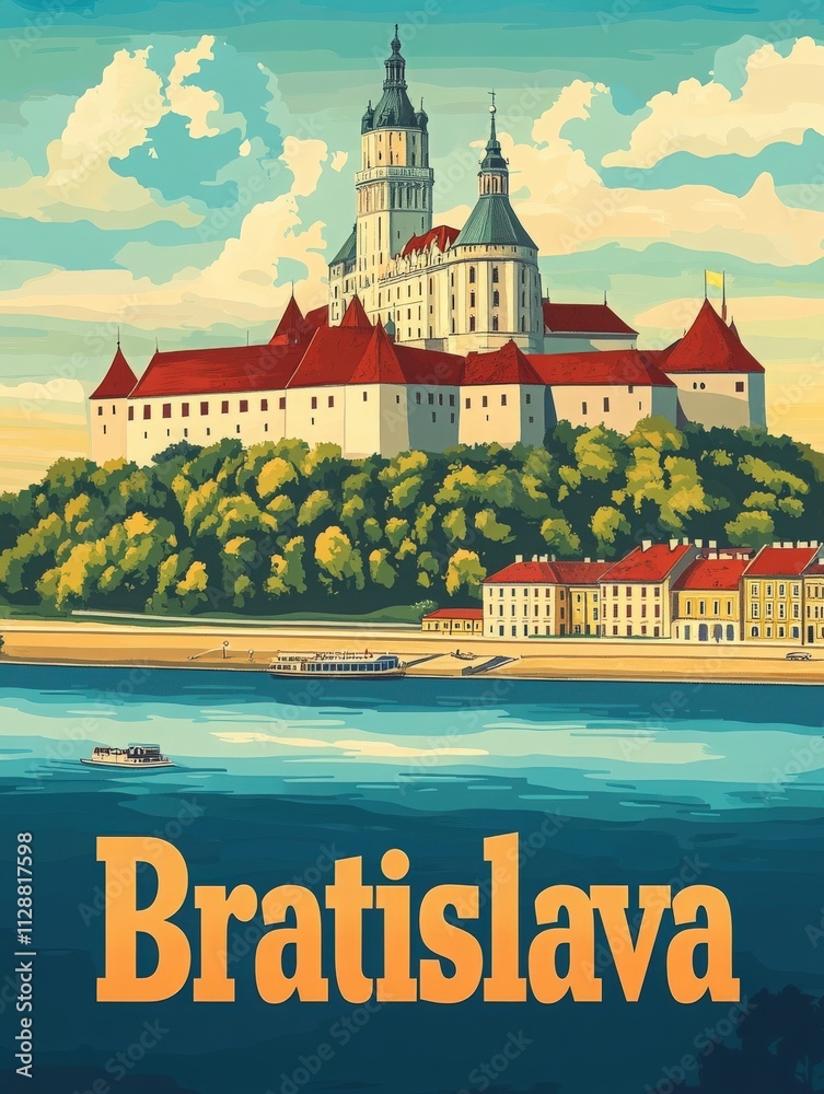 Bratislava showcases its beautiful castle perched atop a hill, overlooking the Danube River. The vibrant colors reflect a sunny day, inviting visitors to explore its rich history and architecture.