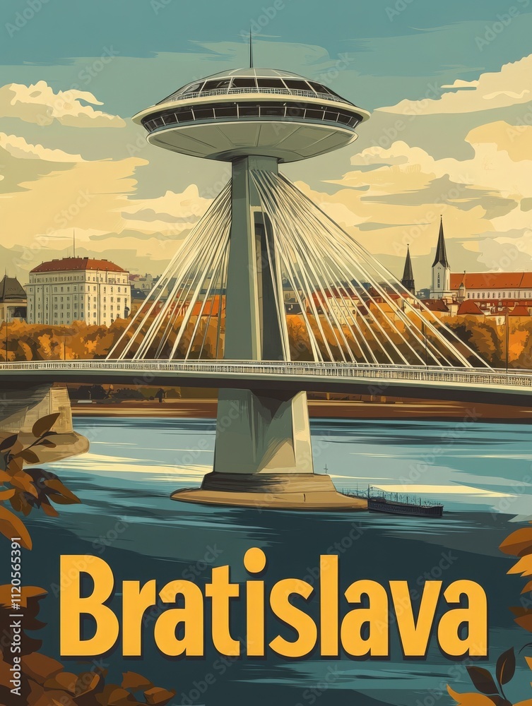 Bratislavas UFO Tower stands majestically above the Danube River, showcasing modern architecture amid colorful autumn foliage. The skyline features historical buildings in the background.