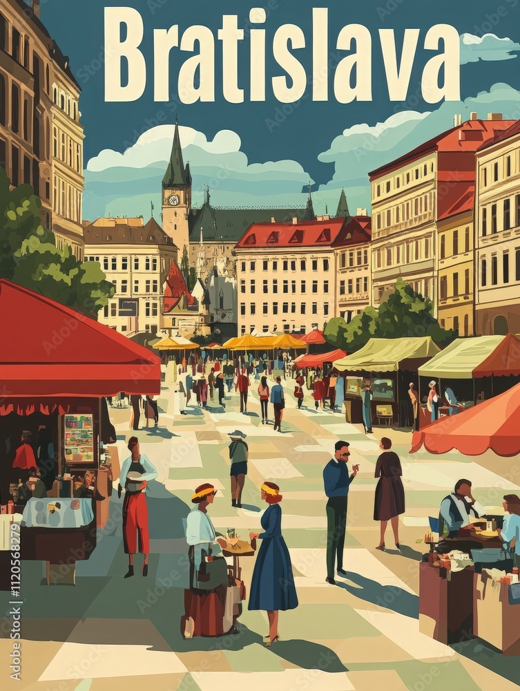 Bratislavas lively marketplace features vendors selling goods under colorful tents. Crowds enjoy the day as historic buildings form a picturesque backdrop. People mingle, creating a festive ambiance.