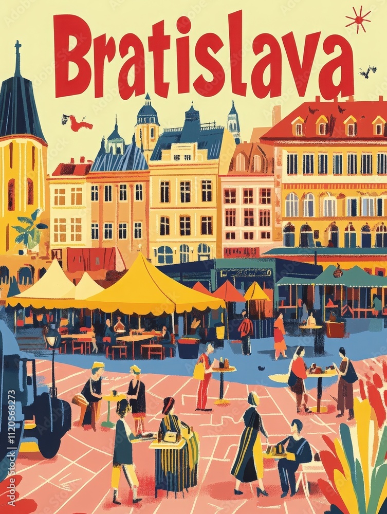 Bratislavas square is bustling with activity as people enjoy coffee at outdoor tables and visit market stalls. Colorful buildings surrounding this lively location create a charming atmosphere.