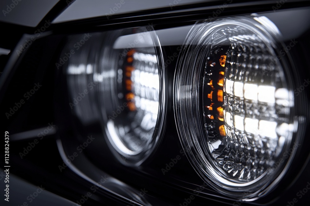 Bright car headlights showcase intricate patterns and advanced technology in a sleek, modern design. The illumination draws attention to the details and craftsmanship of the vehicle.