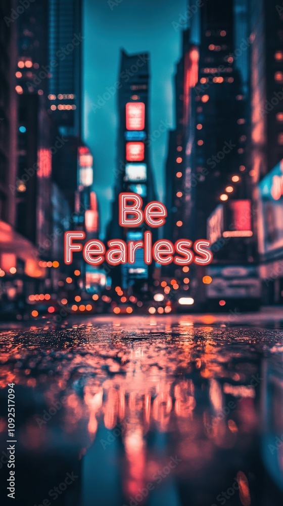 Bright city lights reflect on wet pavement in Times Square. The phrase Be Fearless stands out, capturing the energy and vibrancy of the urban environment during nighttime.