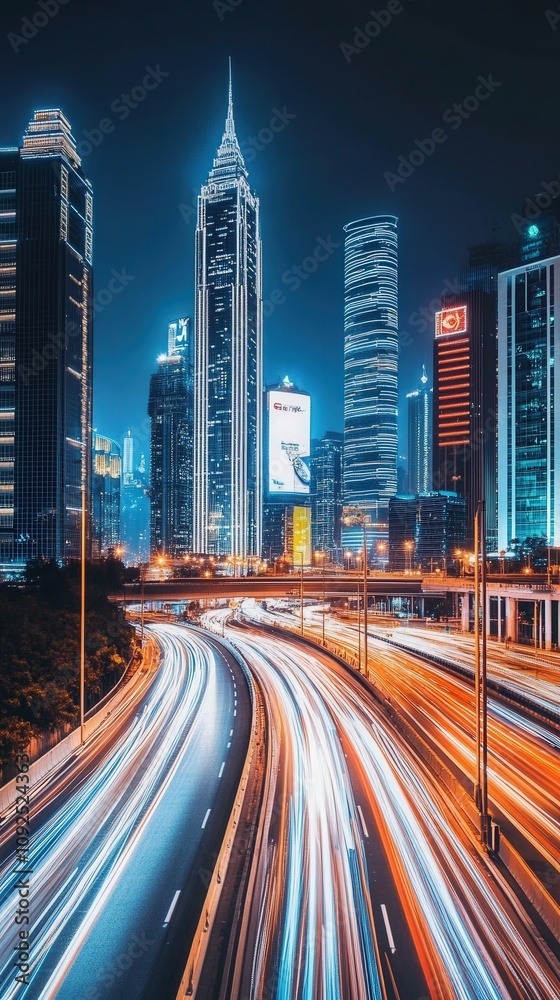 Bright city skyline showcases modern skyscrapers with colorful lights. Traffic flows along a curved highway at night, creating vibrant streaks of light against the urban backdrop.