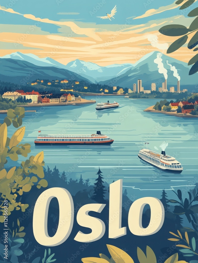 Bright colors depict a beautiful landscape of Oslo featuring boats on a serene waterway with mountains and buildings in the background, capturing the essence of the city.