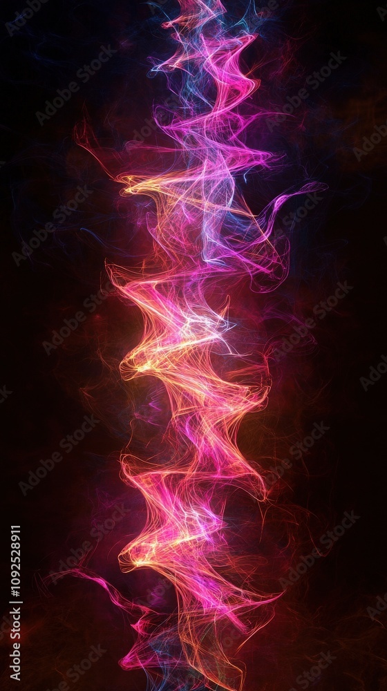 Bright colors like pink, orange, and purple create swirling light patterns against a dark background. The dynamic movements evoke a sense of energy and vibrancy, enchanting the viewer.