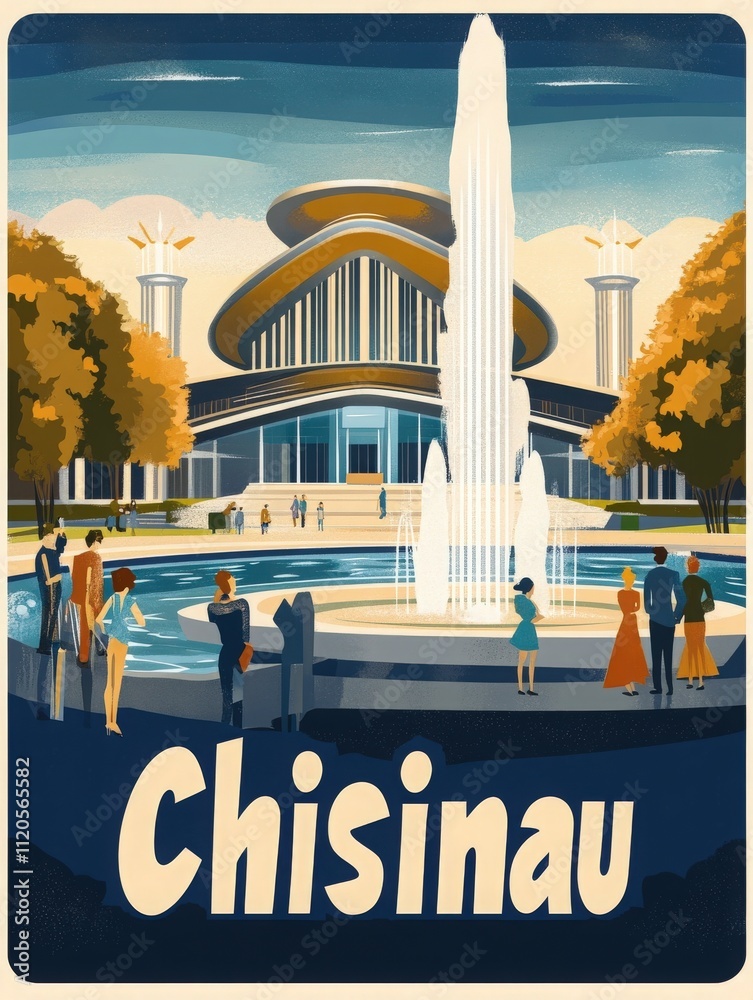 Bright day in Chisinau featuring a beautiful fountain surrounded by lush trees and people leisurely walking around. The stunning modern architecture serves as a backdrop to the lively atmosphere.