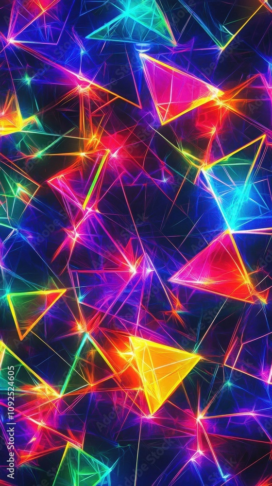 Bright geometric shapes shine with vivid neon colors against a dark background, creating a mesmerizing display of light and color. The intricate patterns evoke a feeling of energy and excitement.