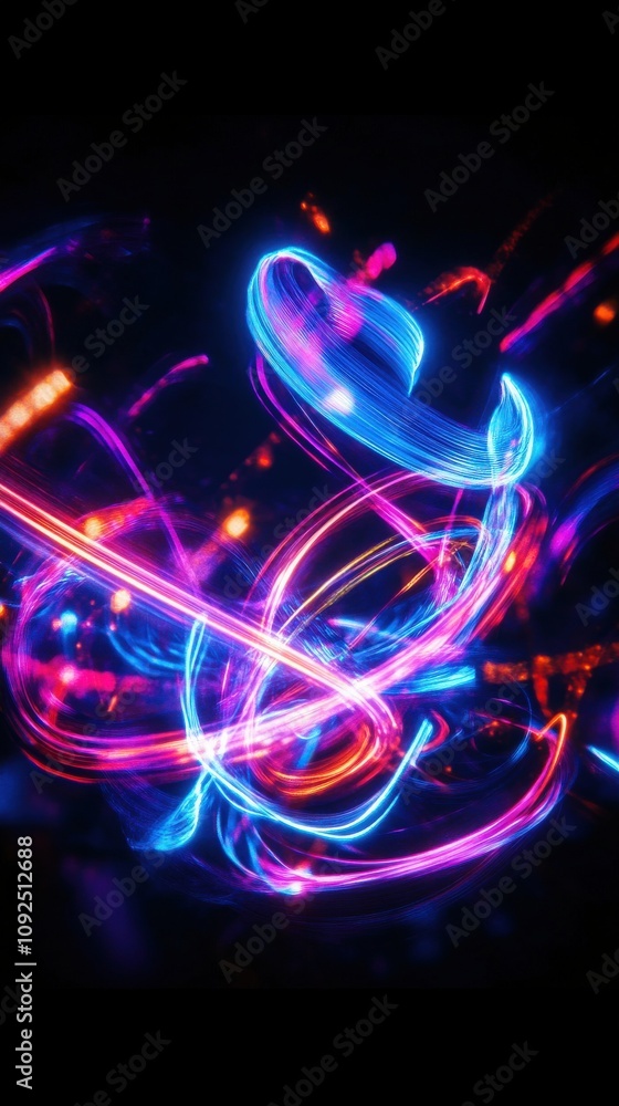 Bright light trails swirl in various colors, creating a dynamic and abstract visual display during a lively nighttime gathering. The energy from the movement captures the excitement of the event.