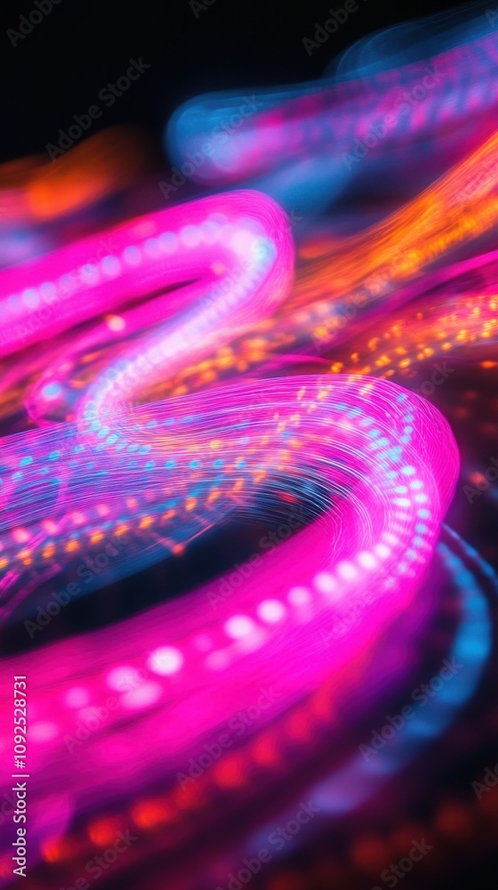 Bright luminous trails in shades of pink, orange, and blue weave through the dark background, forming dynamic abstract patterns that evoke a sense of motion and energy.