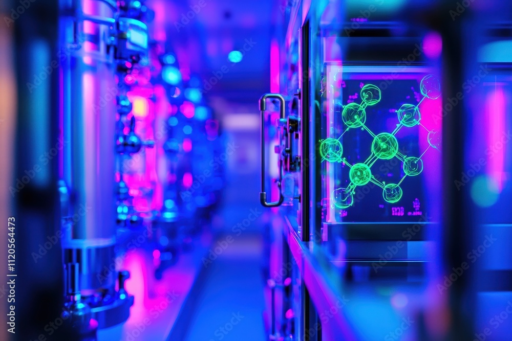 Bright neon colors illuminate a high-tech laboratory filled with glass containers displaying molecular structures. The ambiance suggests advanced scientific research and innovation.