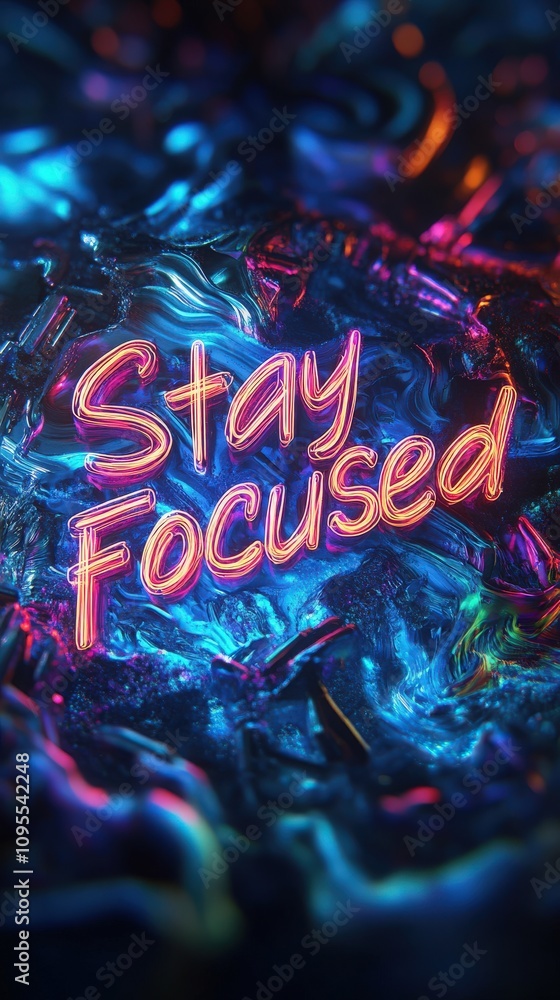 Bright neon letters spell out Stay Focused against a dynamic, colorful background. The artwork uses radiant hues and swirling textures to create an engaging and motivating atmosphere.