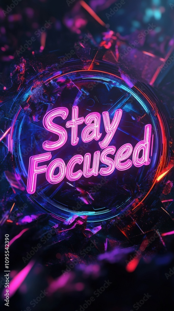 Bright neon lights form the phrase Stay Focused against a glossy, colorful background. This digital artwork showcases a modern aesthetic, perfect for inspiring creativity and concentration.
