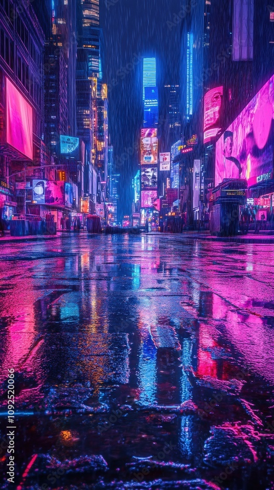 Bright neon lights illuminate Times Square as rain falls, creating colorful reflections on the wet pavement. Crowds move through the bustling area under umbrellas at night.