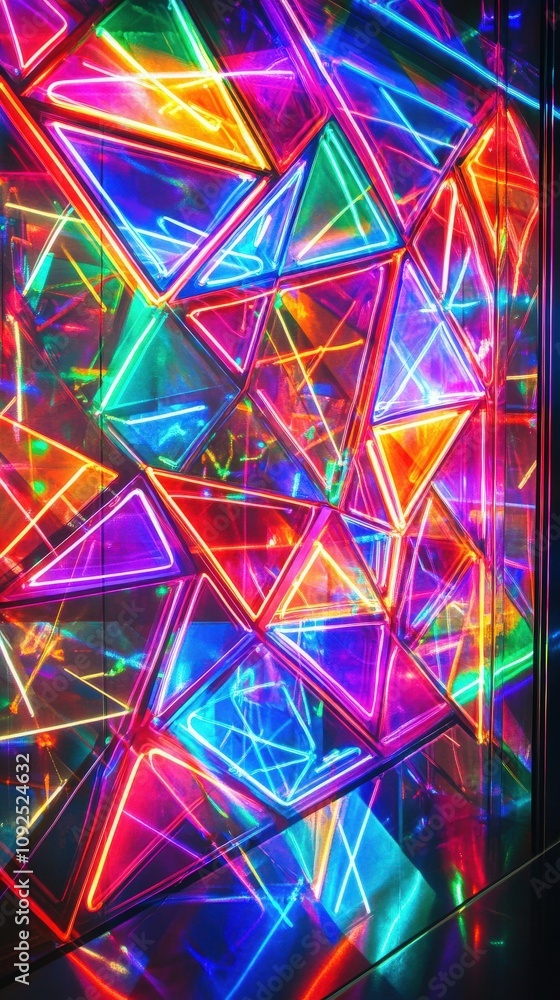 Bright neon lights in a variety of colors illuminate an abstract geometric pattern on a wall. The vibrant display features triangles and lines, creating an energetic atmosphere in the night.