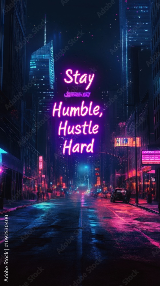 Bright neon signs light up a deserted city street at night, featuring a motivational phrase encouraging determination and hard work.