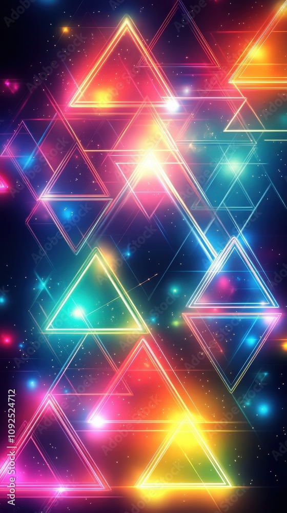 Bright neon triangles in various sizes create an abstract pattern against a dark background. The interplay of colors and light gives a dynamic, futuristic feeling evoking energy and creativity.