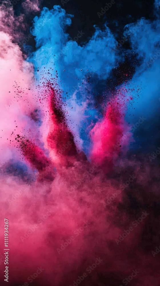 Bright pink and blue smoke fills the air, creating a dynamic and colorful abstract pattern. The swirling hues blend together, evoking a sense of creativity and motion.