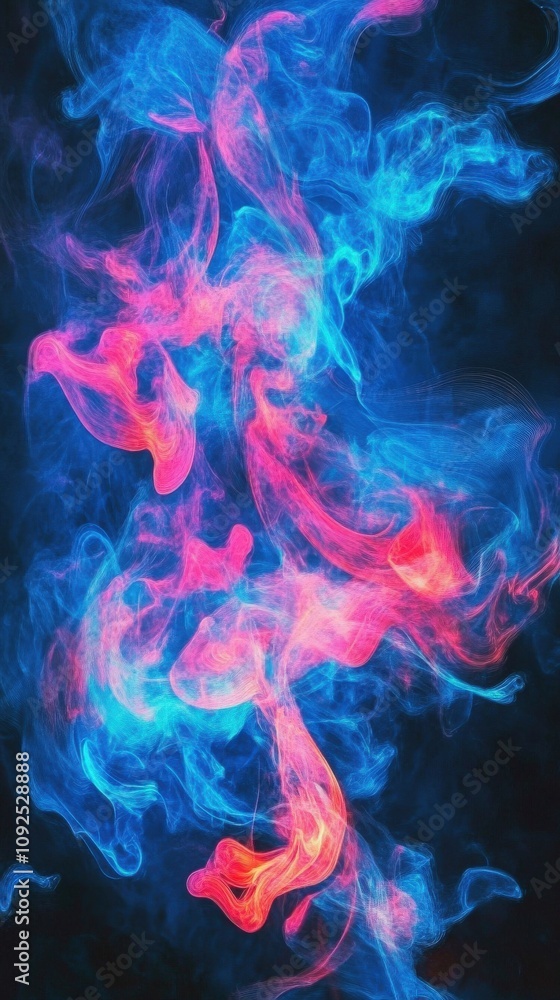 Bright pink and blue smoke swirls gracefully against a dark background, creating an abstract and eye-catching visual. The vibrant colors intertwine, adding depth and intrigue.