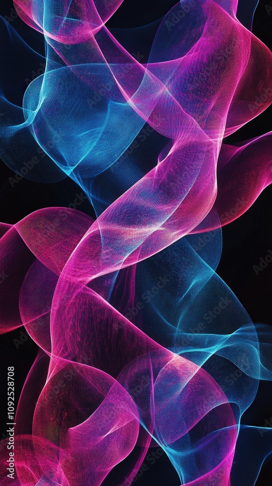 Bright pink and blue waves intertwine and flow together, creating a captivating abstract design against a dark background. The vivid colors blend seamlessly, showcasing fluid movement.