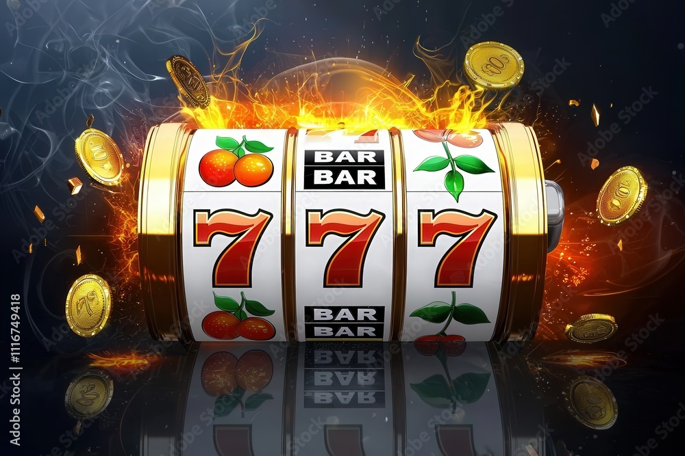 Bright slot machine displays classic symbols like oranges and cherries. Coins and flames surround the spinning reels, creating a dynamic and thrilling atmosphere, perfect for gaming enthusiasts.