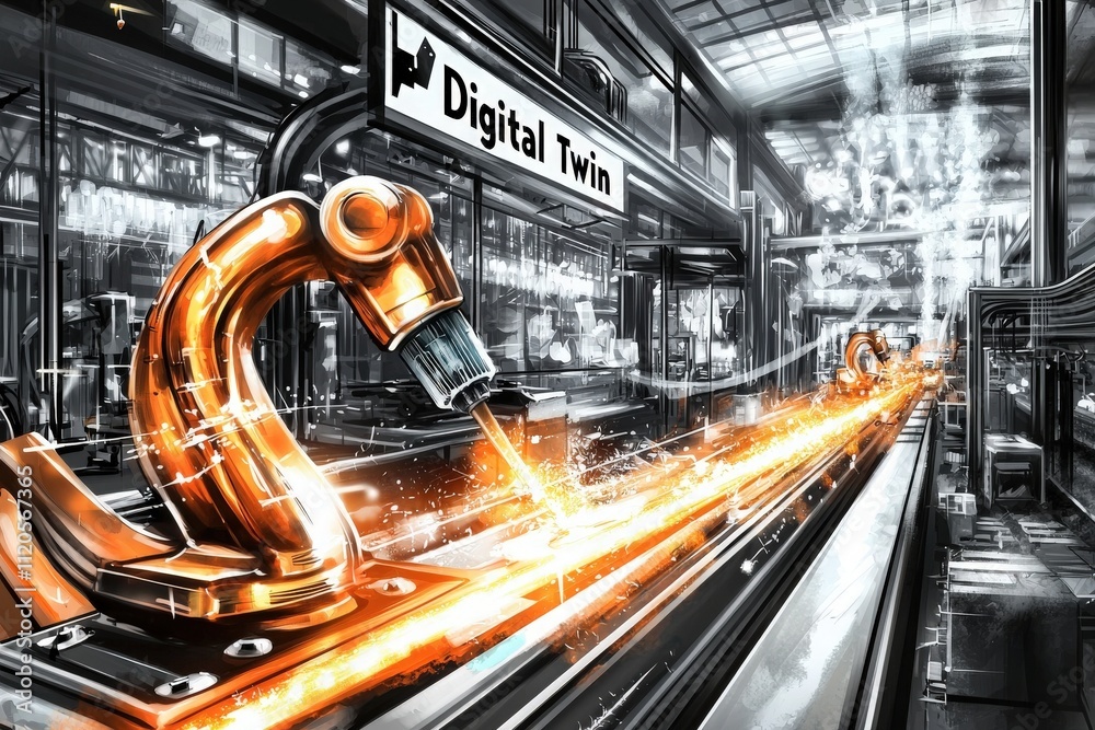 Bright sparks fly as advanced machinery operates in a modern manufacturing facility. The focus is on the concept of digital twins, showcasing efficient processes and innovation in industry.