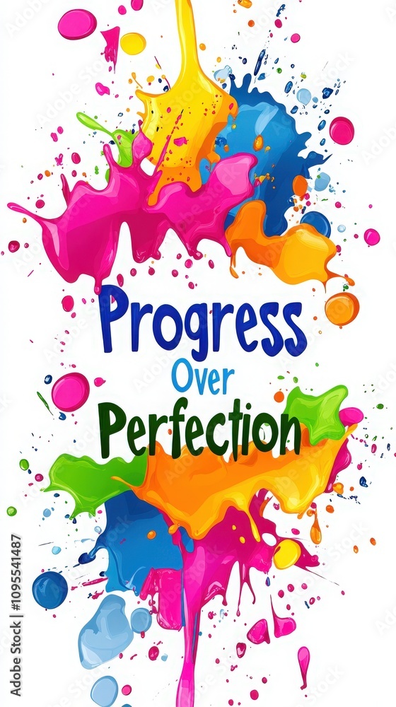 Bright splashes of pink, blue, green, and orange surround the phrase Progress Over Perfection, inspiring a positive mindset in a colorful design. Ideal for encouraging creativity.