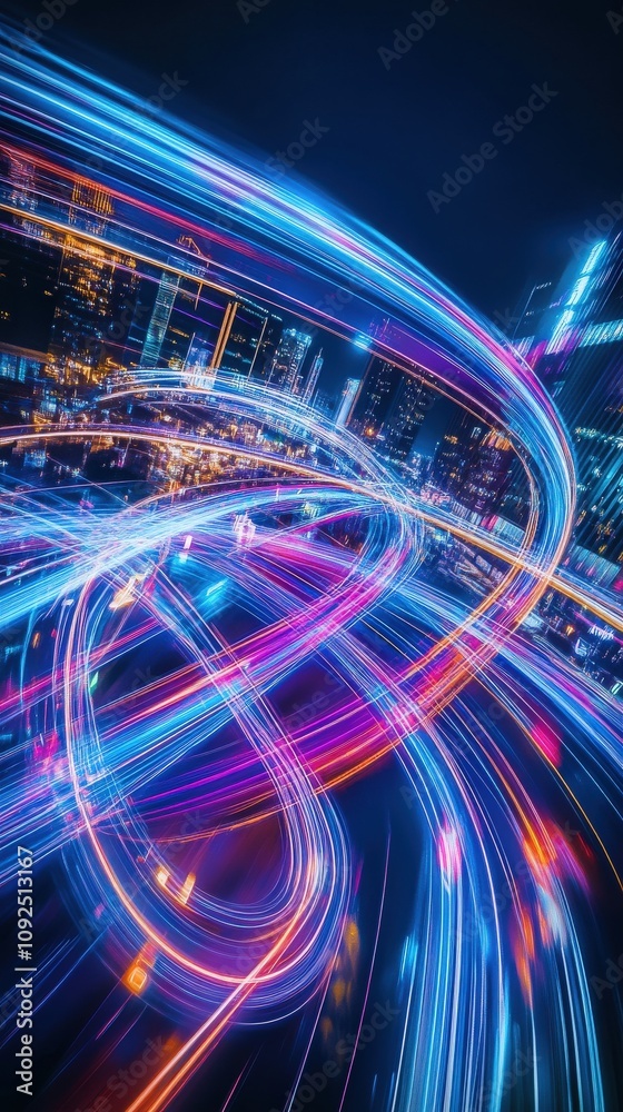 Bright streaks of light swirl through a bustling cityscape at night, showcasing the energy of traffic and urban life. Skyscrapers glow against the dark sky, enhancing the lively atmosphere.
