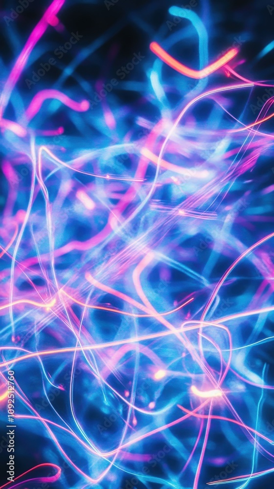 Bright, swirling light trails intertwine in a captivating display of colors. The vivid blue and pink strands evoke a sense of energy and movement in a digital landscape.