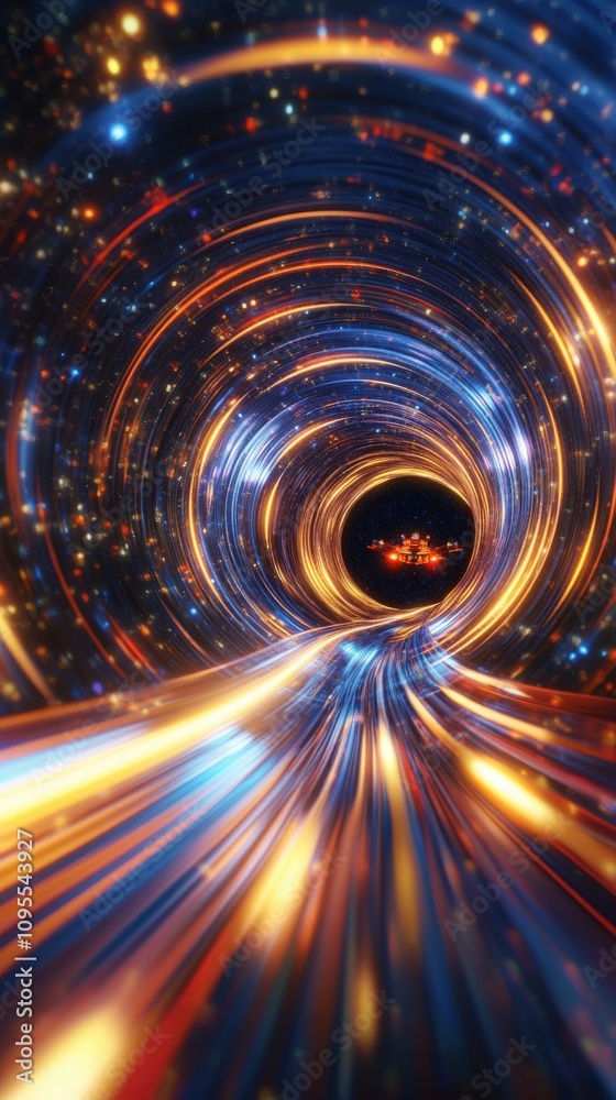 Bright swirling lights create an abstract tunnel effect with vibrant colors blending and flowing. The composition evokes a sense of depth and movement, reminiscent of a journey through space.