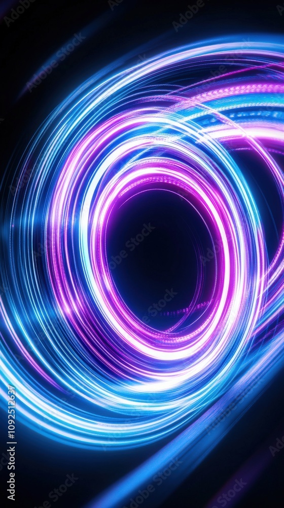 Bright, swirling lines of blue and pink light create a dynamic, vibrant display in a dark environment, captivating viewers with their energy and movement. The patterns seem to dance and pulse.