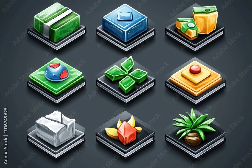 Bright, vibrant geometric shapes are displayed in a neat grid on a dark surface. Each shape features a unique color and design, creating a visually appealing arrangement that captures attention.