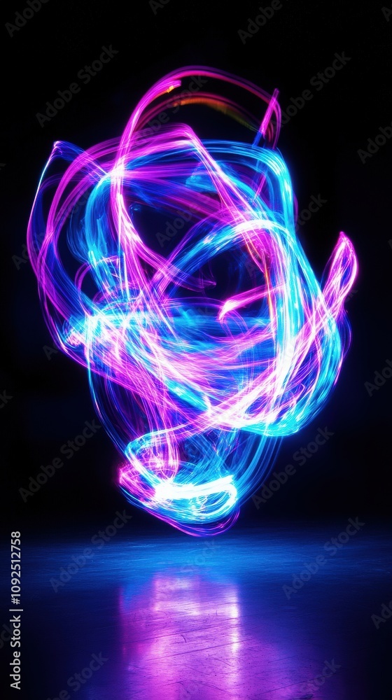 Bright waves of pink and blue light swirl and intertwine against a dark backdrop, creating dynamic and captivating shapes. The vibrant colors give an energetic feel to the composition.