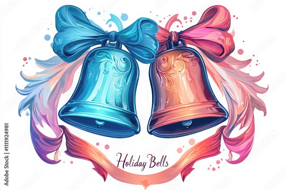 Brightly colored bells adorned with ribbons create a cheerful holiday decoration. Swirling patterns enhance the festive feeling, perfect for seasonal celebrations and events.