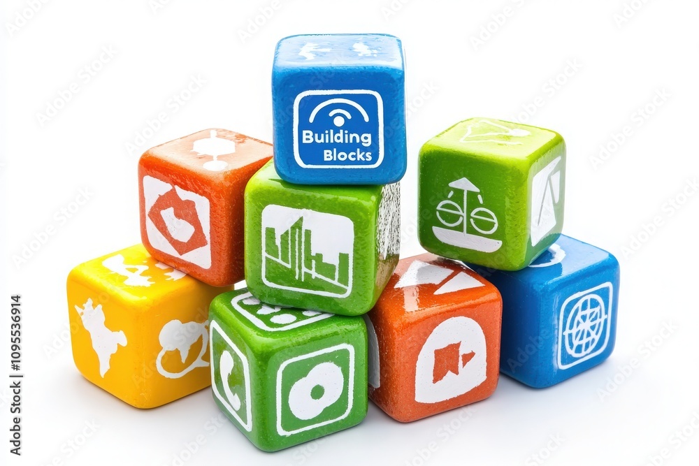 Brightly colored building blocks are arranged in a playful manner, featuring various educational symbols. These blocks encourage creativity and learning, suitable for young children.