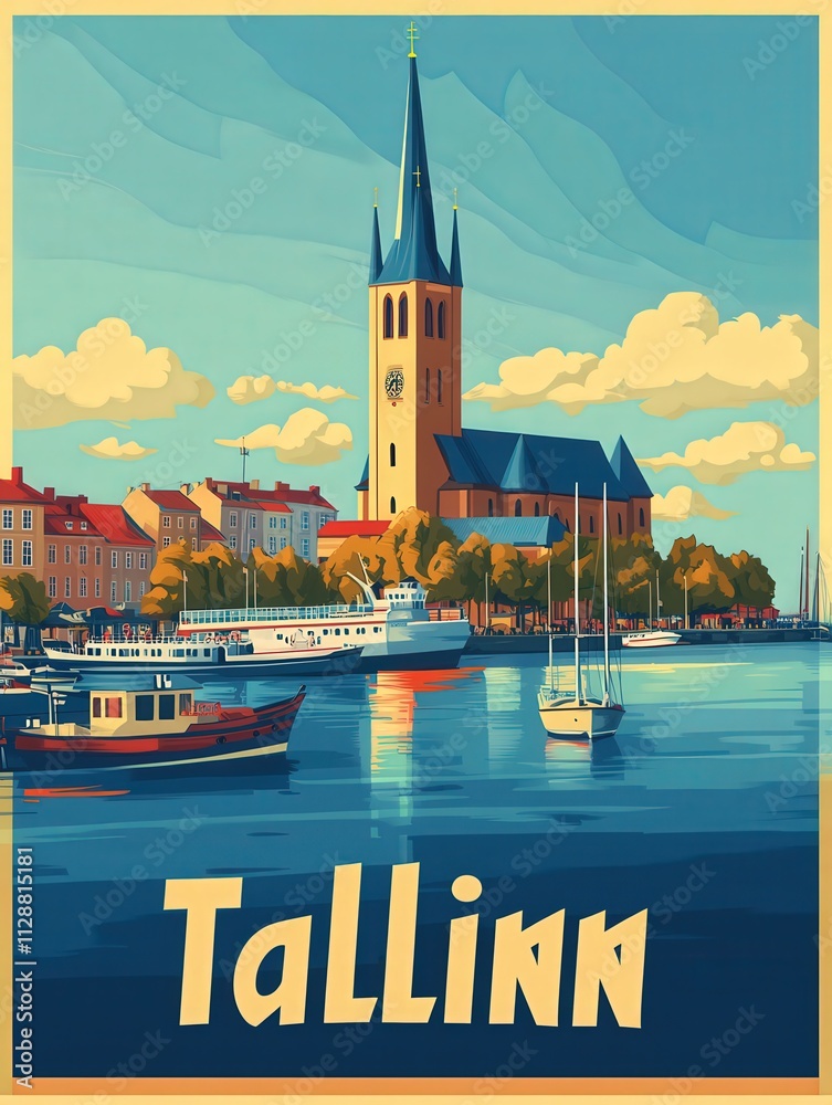 Brightly colored buildings surround the harbor in Tallinn, showcasing the citys rich history. Sailboats float peacefully in the water under a clear blue sky, creating a tranquil atmosphere.