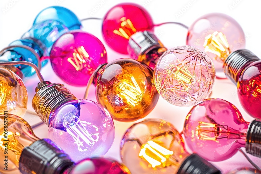Brightly colored decorative lights are tangled together, showcasing a variety of hues including pink, orange, and purple. The warm glow creates a cozy atmosphere perfect for celebrations.
