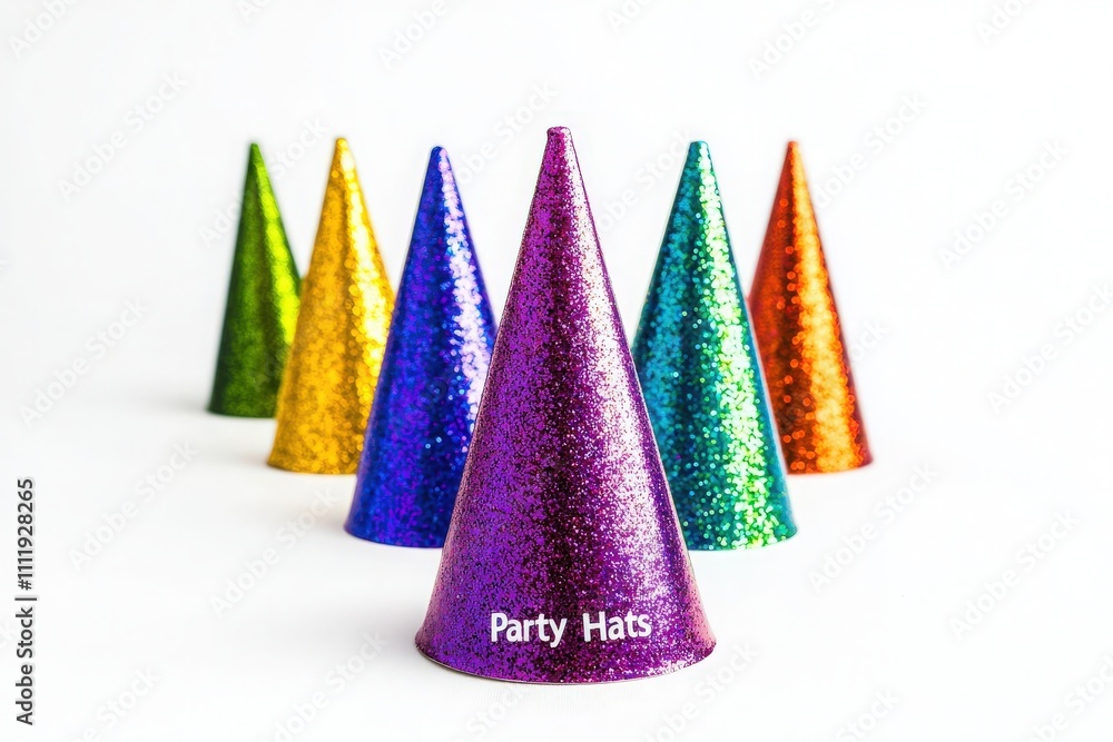 Brightly colored party hats are displayed in a festive arrangement, perfect for any celebration. Each hat sparkles, adding to the cheerful atmosphere of gatherings and parties.