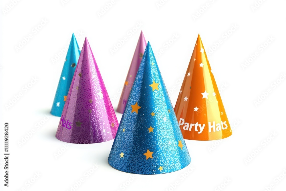 Brightly colored party hats in various hues stand upright on a white background, creating a cheerful vibe for a festive celebration or event. Perfect for birthdays or gatherings.