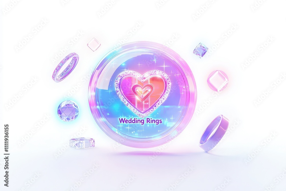 Brightly colored wedding rings and sparkling gems are arranged in a heart shape, creating a festive and romantic atmosphere. Perfect for celebrating love and commitment.
